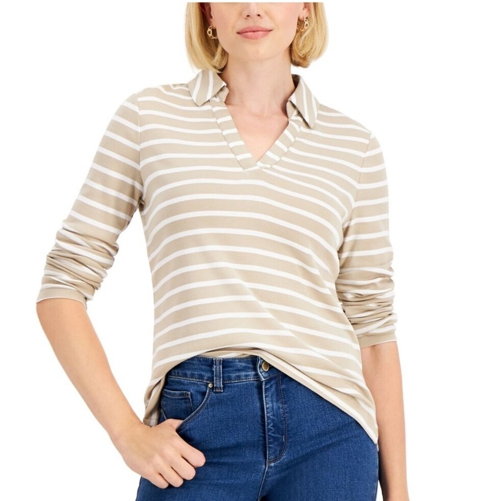 Charter Club Cream and White Long Sleeve Polo Tunic